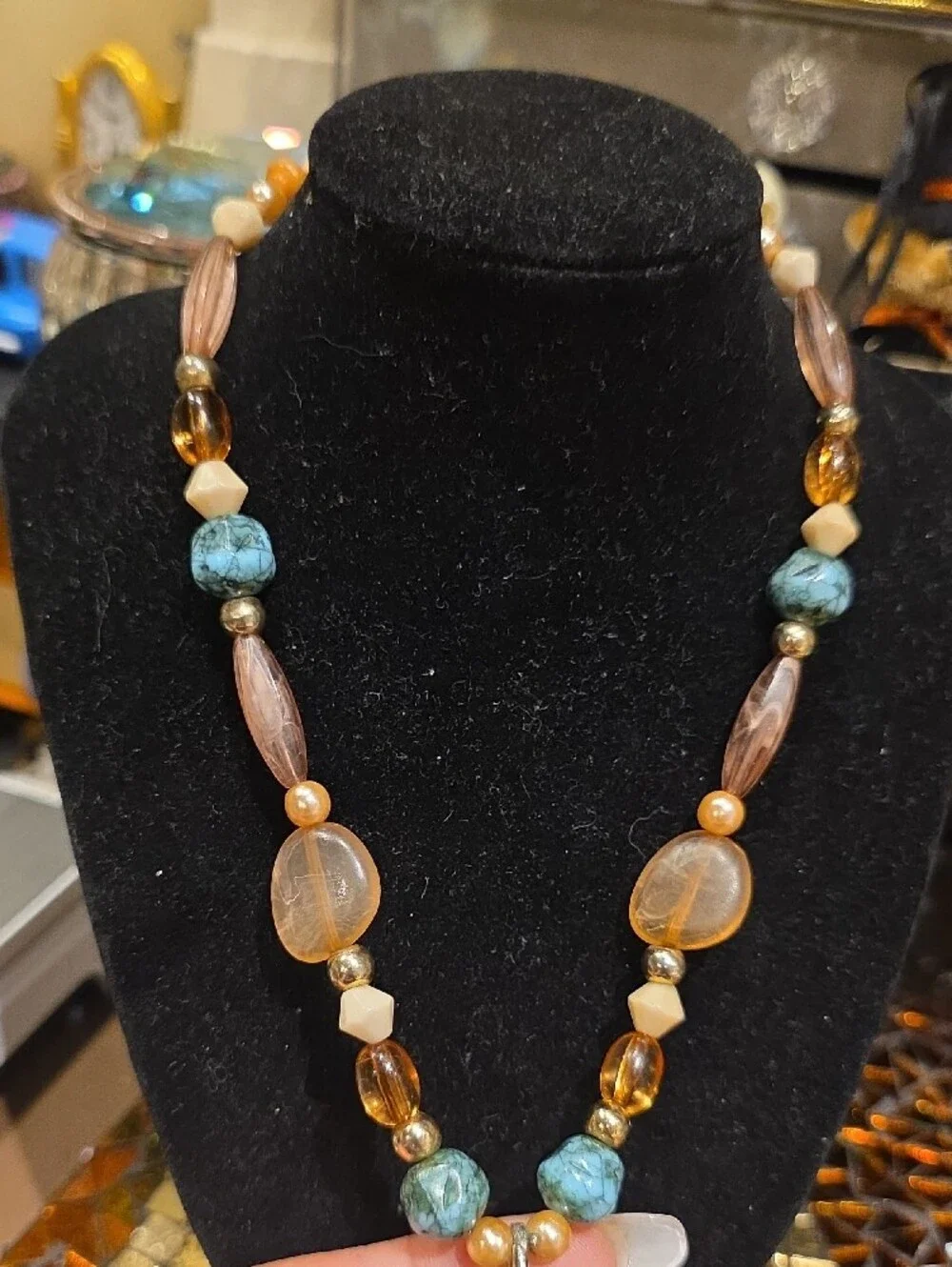 Amber Teardrop Pendant Necklace with Turquoise Accents